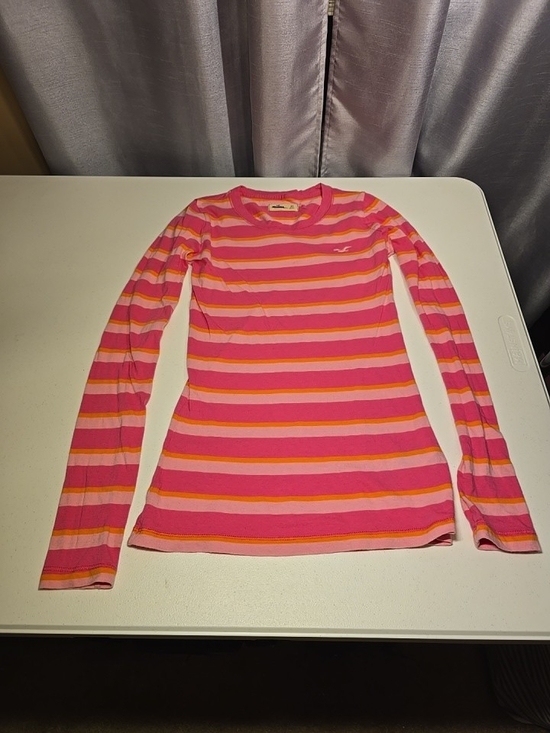 Hollister Tops - Hollister Pink & Orange Striped Long-Sleeve Crewneck Top